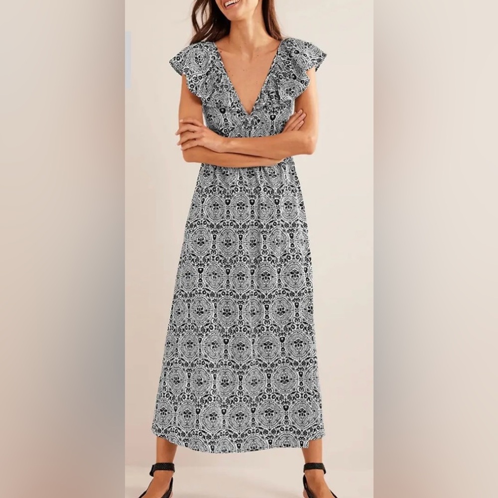 NEW Boden Women’s Tie Back Jersey Maxi Dress 6 Black White Medallion Floral